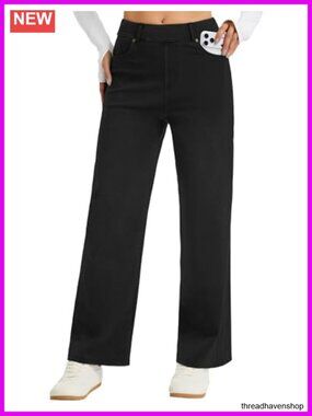 Wide Leg Pull On Jeans for Women Stretch Denim Pants High Rise with Pockets